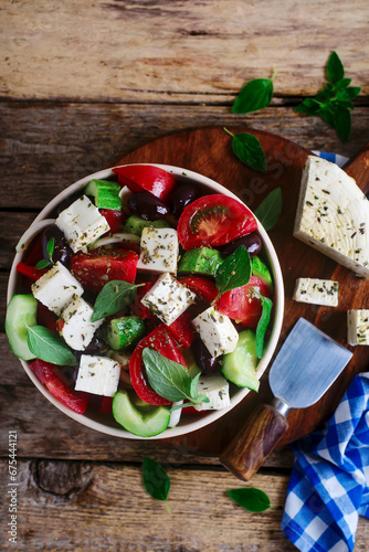 Greek vegetables salad . top veiw .selective focus