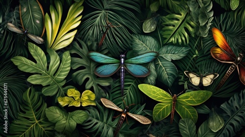 A pattern made of jungle leaves and dragonflies. Background image.