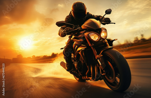 A biker on a motorcycle riding at sunset on a USA road