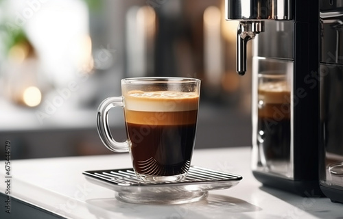 black coffee is poured into a glass cup that stands on a metal stand  on a blurred background of a coffee machine