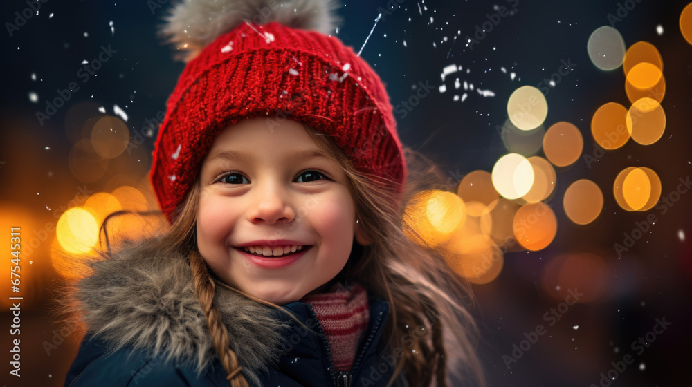 A young girl with sparkling blue eyes and a warm smile wears a winter hat with twinkling lights, surrounded by a magical atmosphere of golden bokeh lights. A young girl with sparkling blue eyes and a warm smile wears a winter hat with twinkling lights, surrounded by a magical atmosphere of golden bokeh lights.