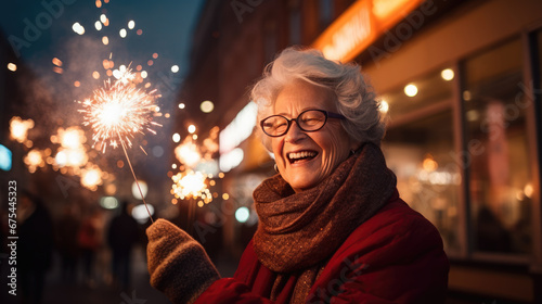An elderly woman with silver hair and glasses beams with joy on a bustling city street, bathed in the warm glow of bokeh lights during the evening. © MP Studio