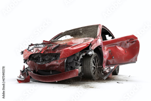 Red car accident isolated on a white background photo