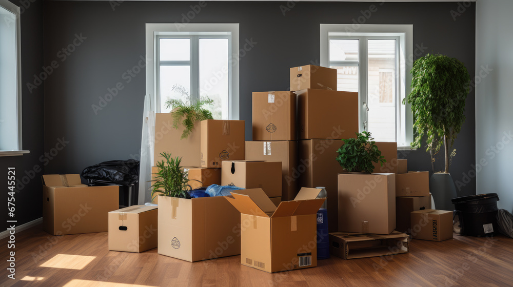 A room in a house with sunlight streaming through the window, illuminating a stack of cardboard boxes, suggesting a process of moving or relocation A room in a house with sunlight streaming through the window, illuminating a stack of cardboard boxes, suggesting a process of moving or relocation