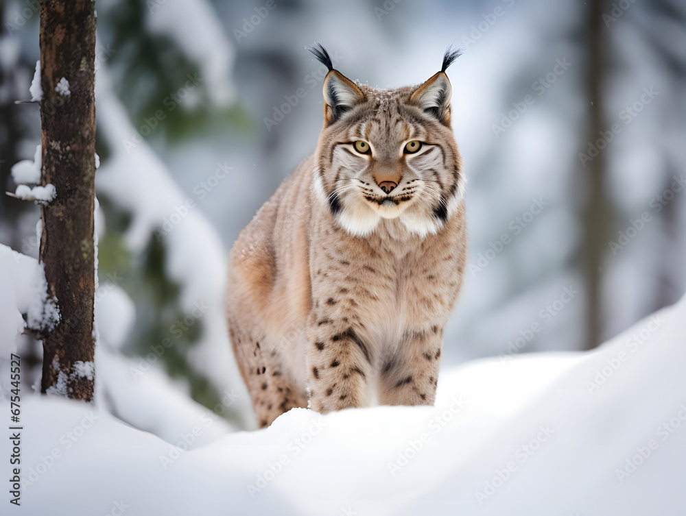 Fototapeta premium Eurasian Lynx in Snowy Nordic Wilderness, Generative AI