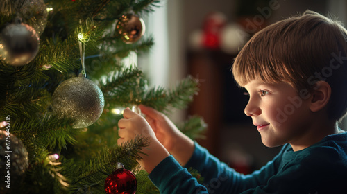 Little boy decorates Christmas tree.