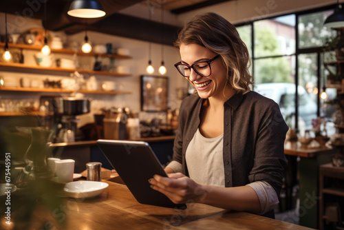 Happy cafe owner running her business on a digital tablet © yuliachupina