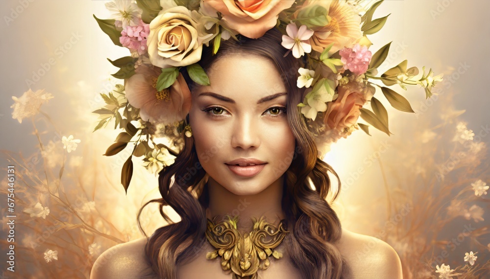 Woman with flowers wreath background