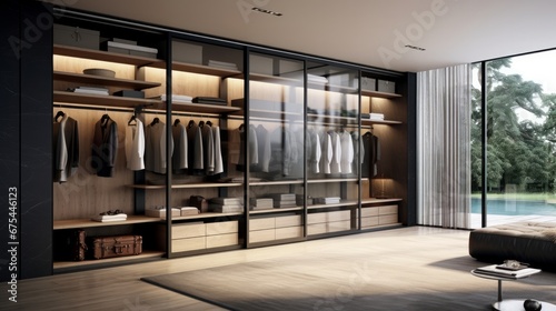 a closet with plenty of storage, several sections, exquisite designs, and sliding doors photo
