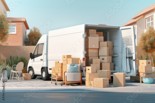 Van full of moving boxes and furniture near house © yuliachupina