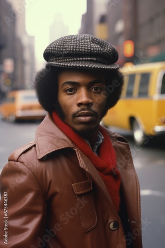 vintage, retro, fashion, 1970s, street style, urban, city life, leather jacket, hat, afro, portrait, black, man