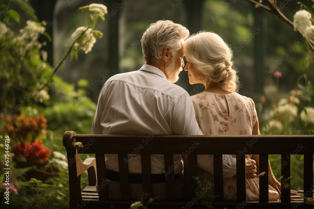Elderly man and woman sitting on a bench in the garden Elderly man and woman sitting on a bench in the garden
