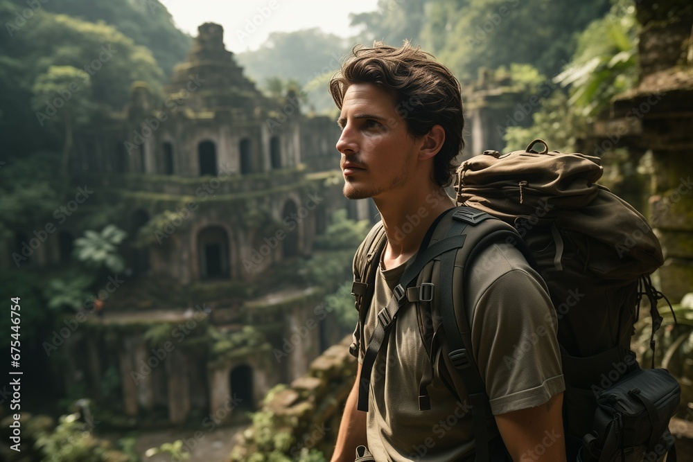 A man hiker stands in front of an ancient abandoned city in the jungle. 
