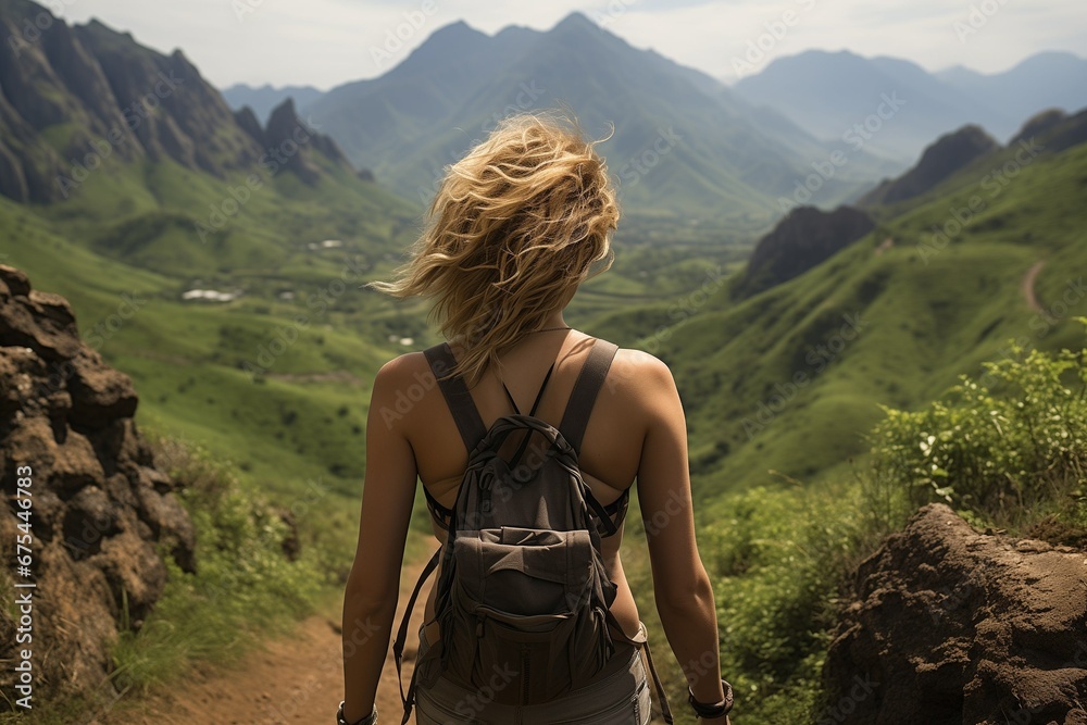 A woman hiker with a backpack walks along a path to the mountains, view from the back