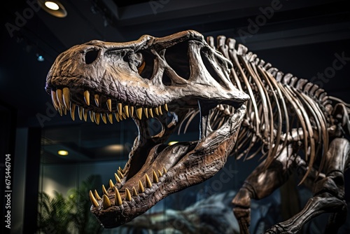T Rex skeleton in a museum. Tyrannosaurus dinosaur exibited. Generative Ai © ArtmediaworX