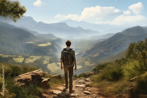 A man hiker with a backpack walks along a path to the mountains, view from the back