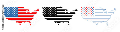 USA flag in US map style. Vector isolated flags icon or signs. Symbols or signs of the United States of America. USA map with flag isolated icons. Vector templates. EPS 10