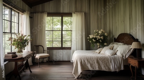 Rustic white wood walls, dark wood floors, and linen bedding in a cottage bedroom © Zahid