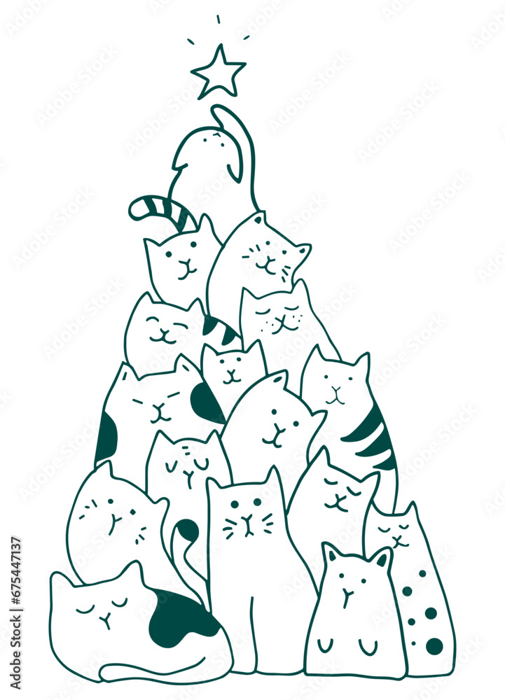 Cats forming a christmas tree. Hand drawn vector illustration. White background Cats forming a christmas tree. Hand drawn vector illustration. White background