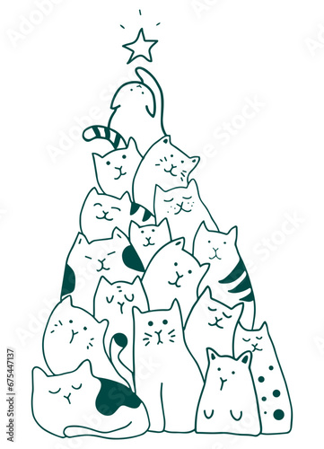 Cats forming a christmas tree. Hand drawn vector illustration. White background