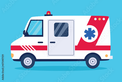 Vector illustration for children. Emergency ambulance. Means of transport for sick people. Blue background