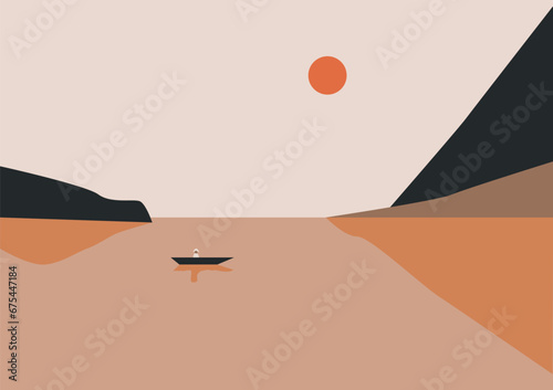 Landscape sea and mountains. Sunset with a boat. Vector illustration. Minimalist, simple and basic poster. Landscape banner in warm pastel tones for art decorations, decoration print.
