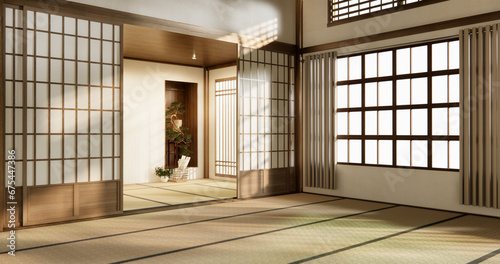Nihon room design interior with door paper and tatami mat floor room japanese style. photo