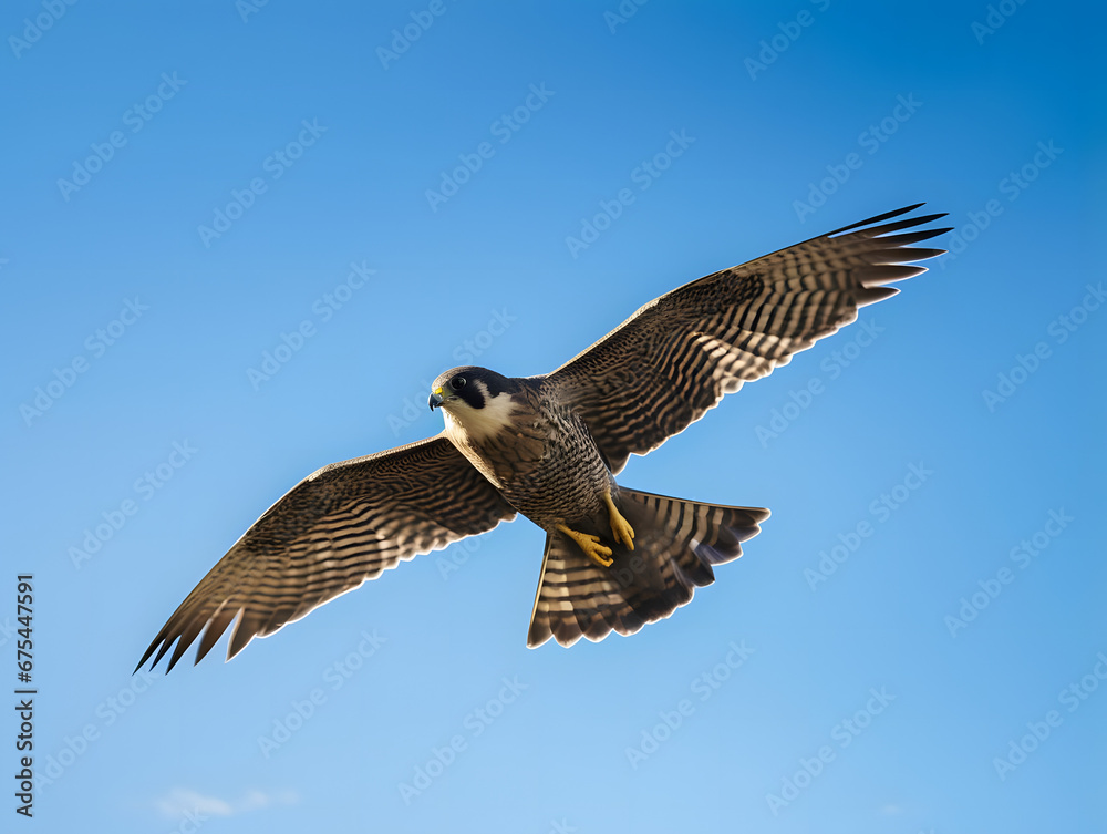 Fototapeta premium Sleek Falcon Soaring Against Clear Blue Sky, Generative AI