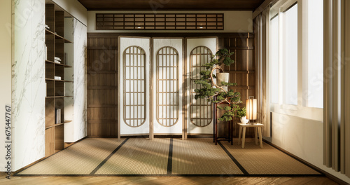 Nihon room design interior with door paper and tatami mat floor room japanese style. photo