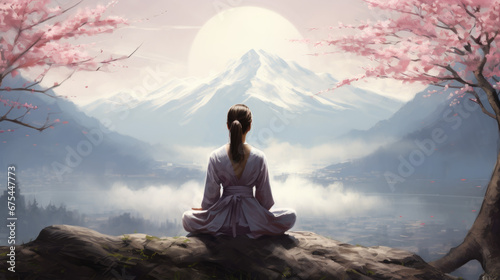 Young Japanese Woman Meditating in Front of Mount Fuji with Cherry Blossoms in Bloom, Colorful Pastel Japanese Landscape. Serinity Scene And Dreamlike View. Generative Ai