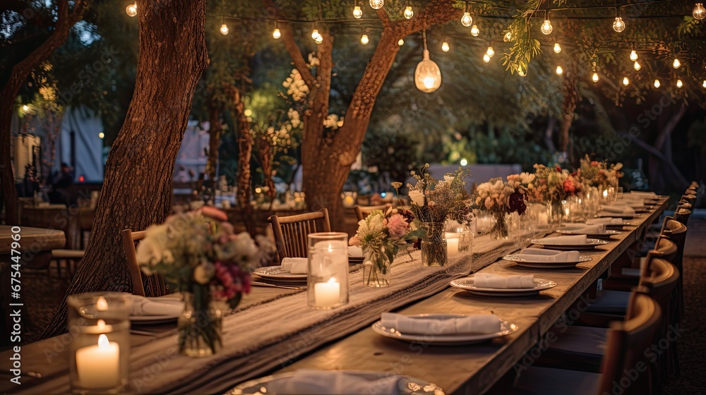 villa garden with large magnolia tree with many lanterns and electric lights light bulbs hanging from its branches, wedding party or other celebration