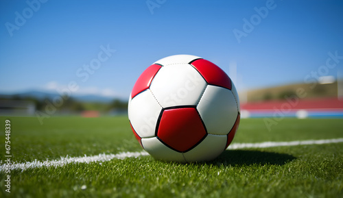 Classic football ball on a vibrant green field  ready for the game.