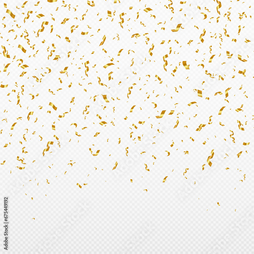Golden confetti on transparent background. Falling shiny golden confetti. 