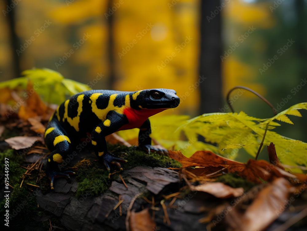 Fototapeta premium Fire Salamander, Vibrant Colors of European Forests, Generative AI