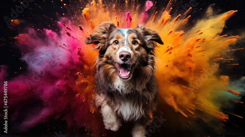 Dog in colorful powder paint explosion, dynamic