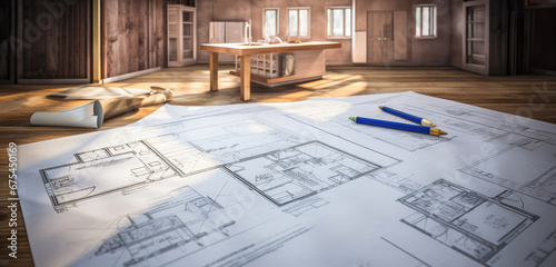 Architectural plans on a table at the construction of a house