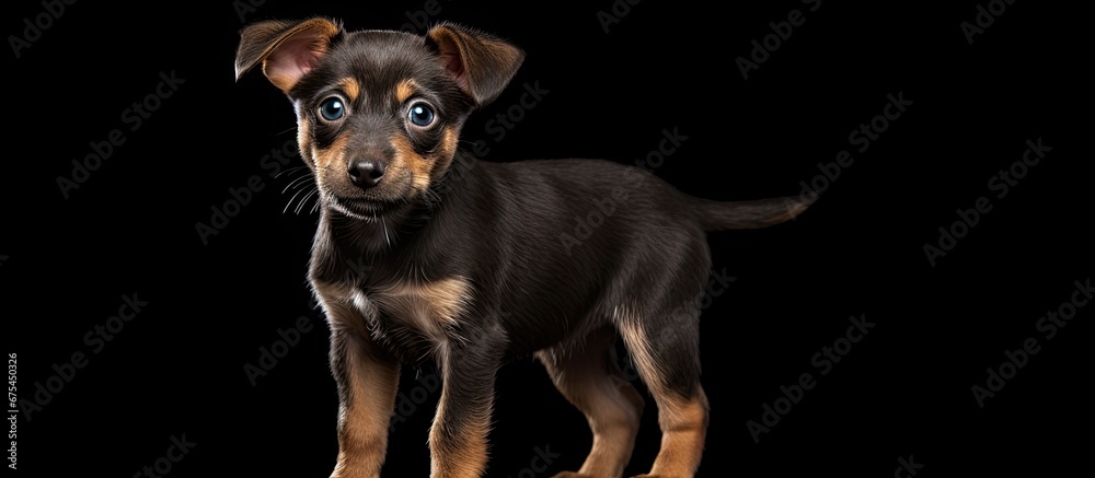In the studio against a black background an adorable little puppy an isolated animal and a mixed breed stands in a close up full length shot showcasing its unique and low key