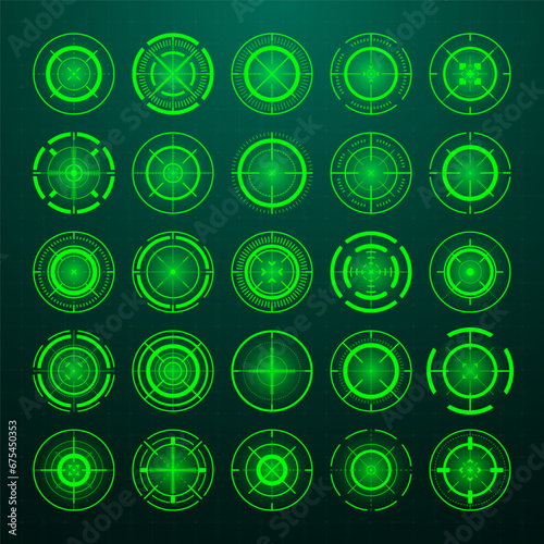 Crosshair, gun sight vector icons. Bullseye, black target or aim symbol. Military rifle scope, shooting mark sign. Targeting, aiming for a shot. Archery, hunting and sports shooting. Game UI element.