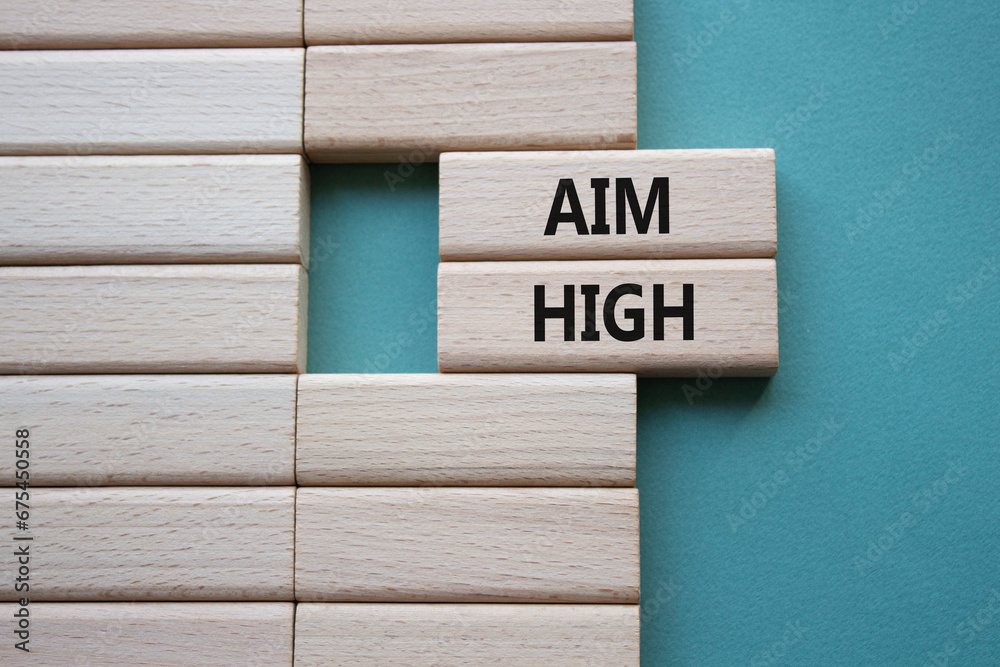 Aim High symbol. Wooden blocks with words Aim High. Beautiful grey green background with succulent plant. Business and Aim High concept. Copy space. Aim High symbol. Wooden blocks with words Aim High. Beautiful grey green background with succulent plant. Business and Aim High concept. Copy space.