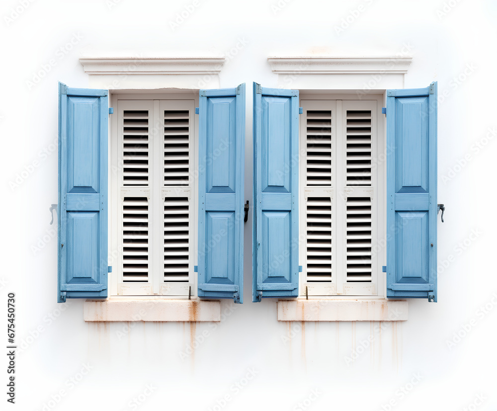 Two Aged Windows with Light Blue Shutters in a Mediterranean Minimalist Style Against a White Wall