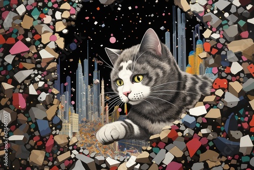surrealistic illustration with a strange imaginary world an a cat sitting in his cat's cave