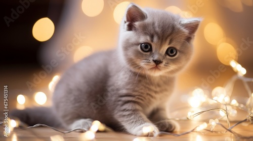 Cute little british shorthair kitten playing with christmas fairy lights