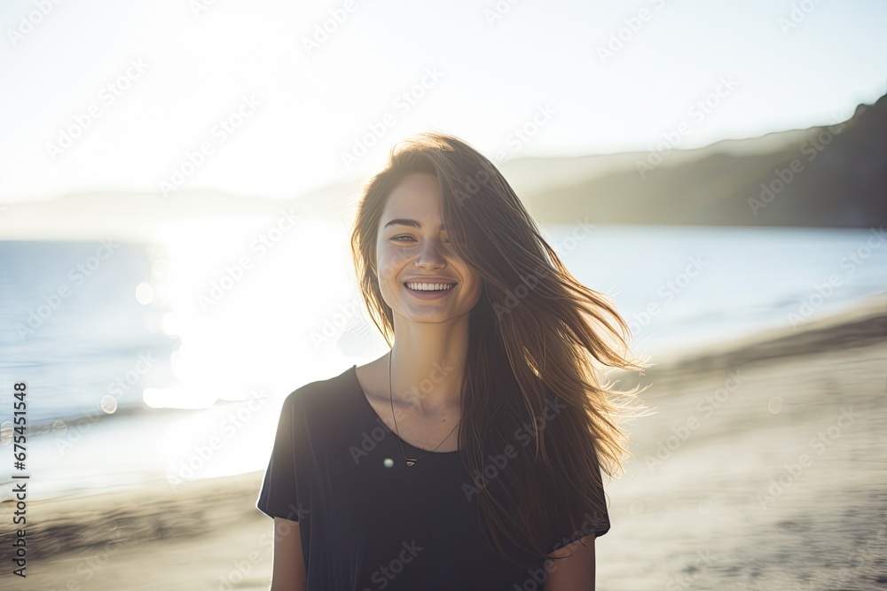 Happy Young Woman Embracing the Summer Vibes at the Beach During Sunset Happy Young Woman Embracing the Summer Vibes at the Beach During Sunset