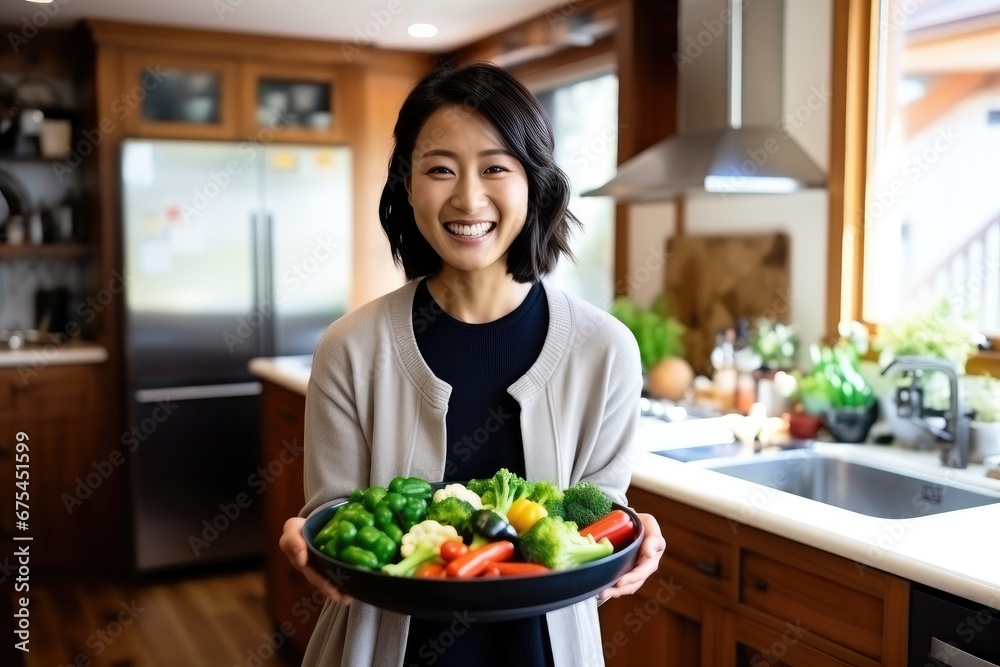 Happy Young Chinese Woman Preparing a Healthy and Fresh Salad
