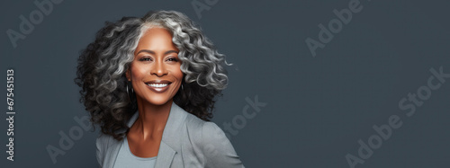 happy mature woman with long gray hair, generative ai photo