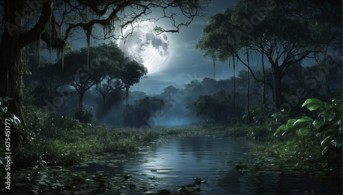 Deep within a scary jungle, the full moon bathes the landscape in an eerie, silvery light - AI Generative © Being Imaginative