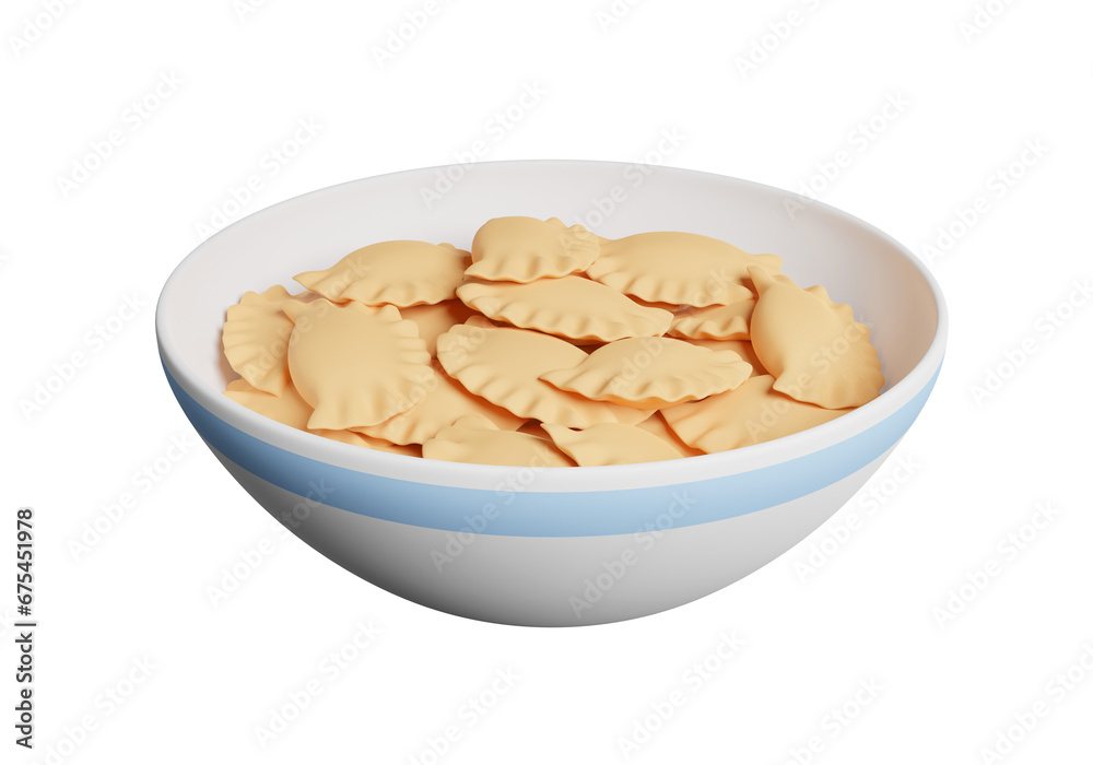 Vareniks in a bowl. Ukrainian cuisine. Traditional Ukrainian dish of vareniks with cheese. 3d rendering Vareniks in a bowl. Ukrainian cuisine. Traditional Ukrainian dish of vareniks with cheese. 3d rendering