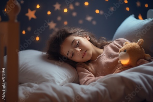 little girl sleeping on the bed, cozy interior of a childs bedroom