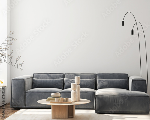 Living room wall mockup. Cozy interior house background. Modern apartment interior design. 3D render