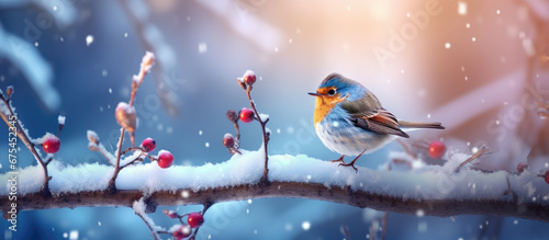 bird on tree branch on winter season, generative ai photo
